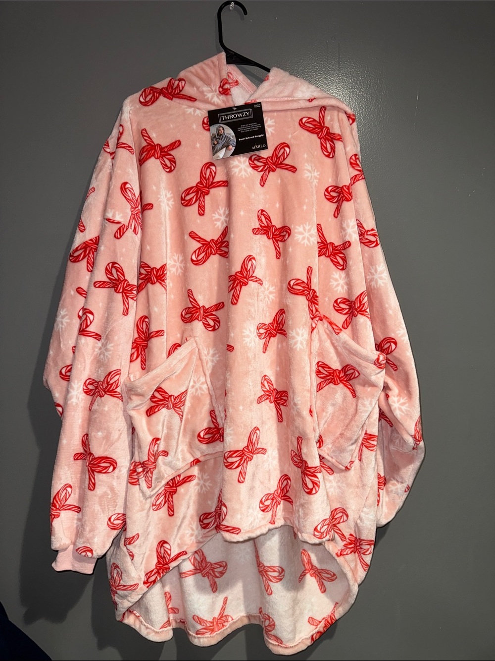 Pink Hooded Poncho with Red Bow Print